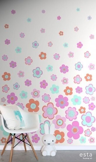 Everybody Bonjour PhotowallXL Vintage Bloemen 158709 - Turquoise - Roze - Oranje Behang