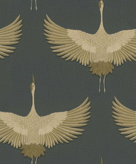 Noordwand Kumano 34532 Zwart - Metallic - Kraanvogel Behang