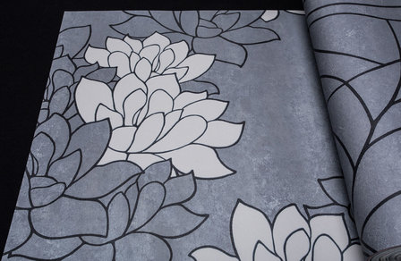 zilver grijs betonlook met zacht taupe bloemen vinyl op vlies