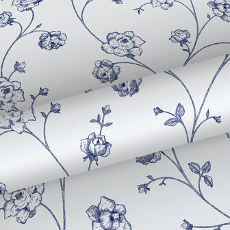 Esta Home Vintage Flowers blauw - wit 139300 (*Gratis Lijm Actie) - Wit - Blauw