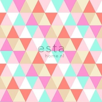 Everybody Bonjour behang 138714 - Turquoise - Roze - Rood Behang