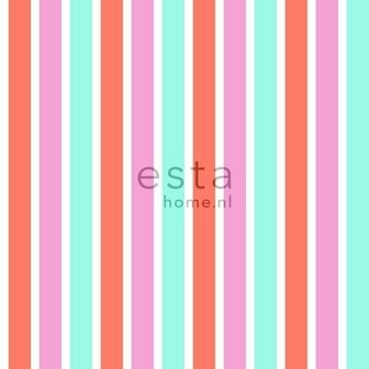 Everybody Bonjour behang 138704 - Turquoise - Roze - Rood Behang