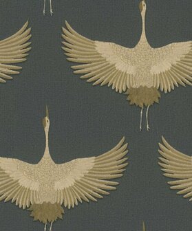 Noordwand Kumano 34532 Zwart - Metallic - Kraanvogel Behang