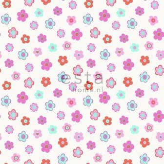 Everybody Bonjour behang 138724 - Turquoise - Roze - Rood