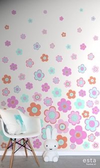 Everybody Bonjour PhotowallXL Vintage Bloemen 158709 - Turquoise - Roze - Oranje