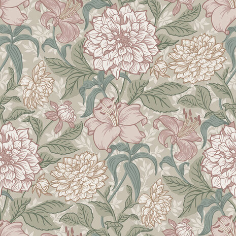 Esta Home Vintage Flowers roze - groen 139377 - Roze - Groen Behang