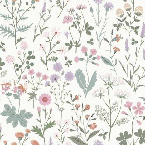 Esta Home Vintage Flowers wit - meerkleurig - paars 139482 - Wit - Paars - Multicolour Behang
