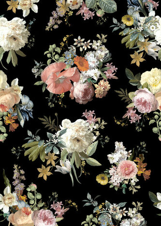Esta Home Vintage Flowers zwart 159218 - Zwart Behang
