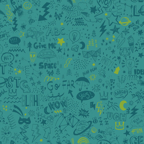 Dutch Wallcoverings Dream Catcher Doodle Teal - Geel 13341 Behang