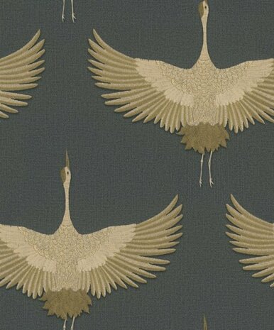 Noordwand Kumano 34532 Zwart - Metallic - Kraanvogel Behang