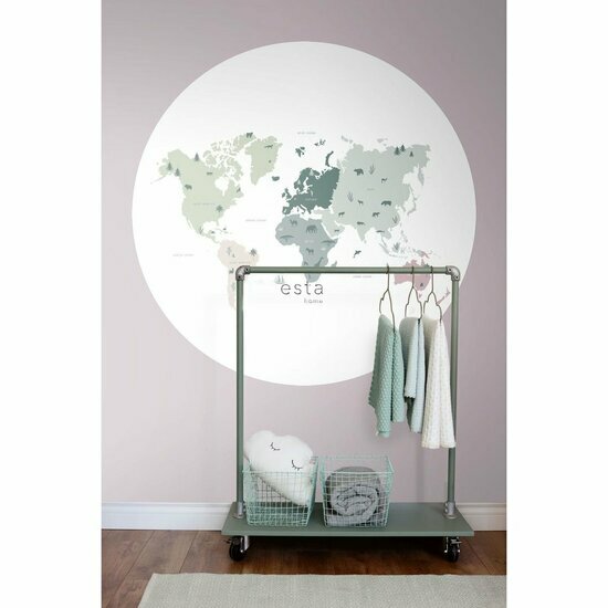 Esta Home|159010 World Maps Sticker Mintgroen Grijs Roze - Multicolour - Groen Behang