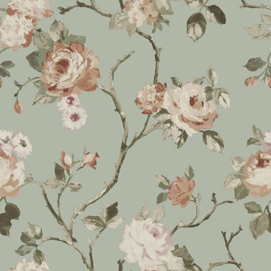 Esta Home Vintage Flowers groen - roze 139291 - Roze - Groen Behang