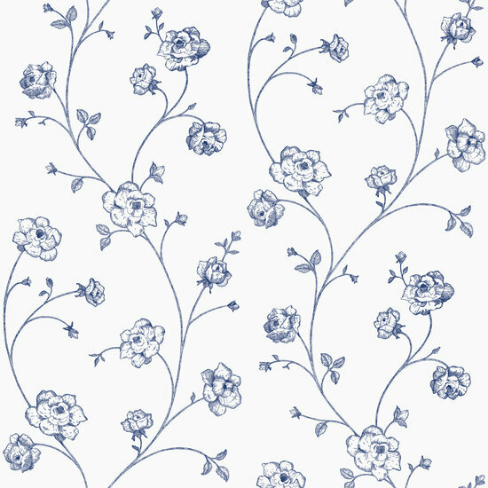Esta Home Vintage Flowers blauw - wit 139300 - Wit - Blauw Behang