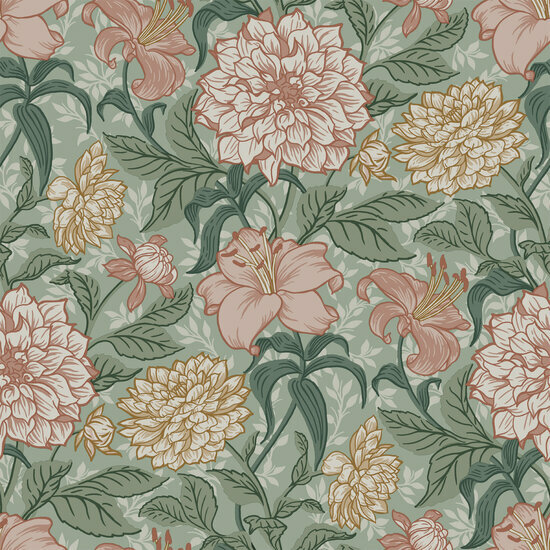 Esta Home Vintage Flowers groen - meerkleurig 139378 - Multicolour - Groen Behang
