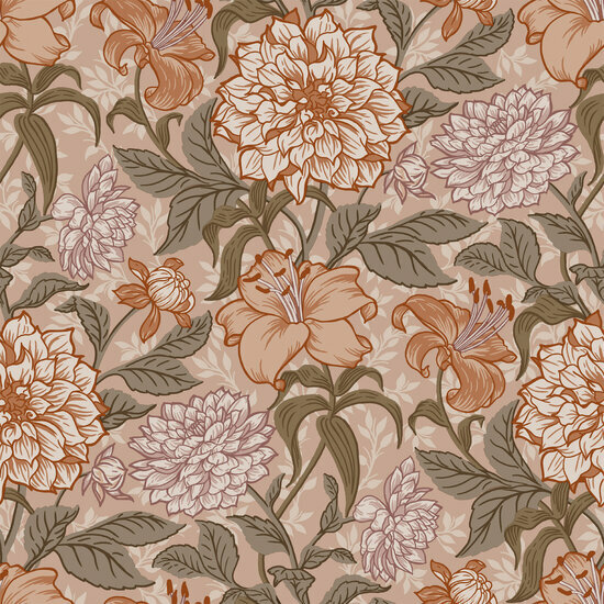 Esta Home Vintage Flowers terracotta - roze 139380 - Terracotta - Roze Behang