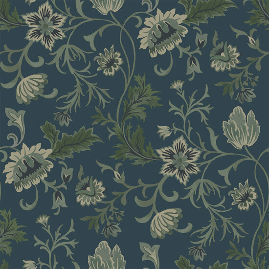 Esta Home Vintage Flowers blauw - groen 139416 - Groen - Blauw Behang