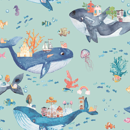 Dutch Wallcoverings Dream Catcher Whale Town Teal 13221 Behang