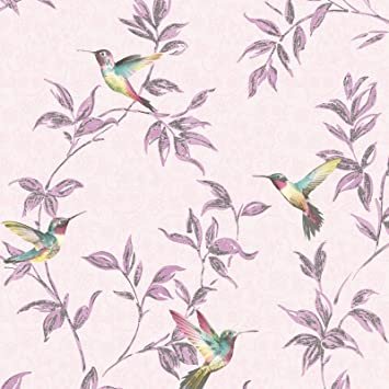 behang FD41925 roze met vogeltjes