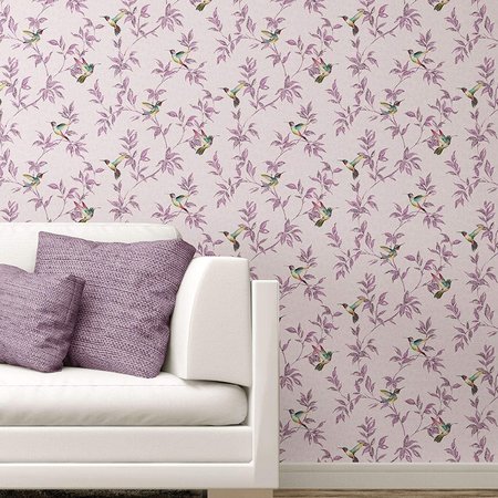 behang FD41925 roze met vogeltjes